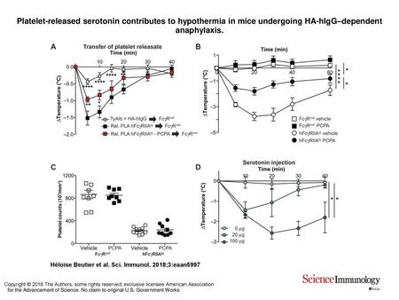 Platelet-released serotonin contributes to hypothermia in mice undergoing HA-hIgG–dependent anaphylaxis. Platelet-released serotonin contributes to hypothermia.