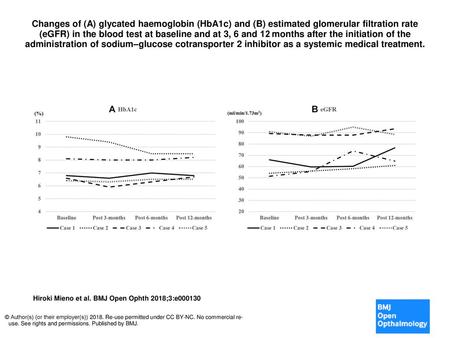 Changes of (A) glycated haemoglobin (HbA1c) and (B) estimated glomerular filtration rate (eGFR) in the blood test at baseline and at 3, 6 and 12 months.